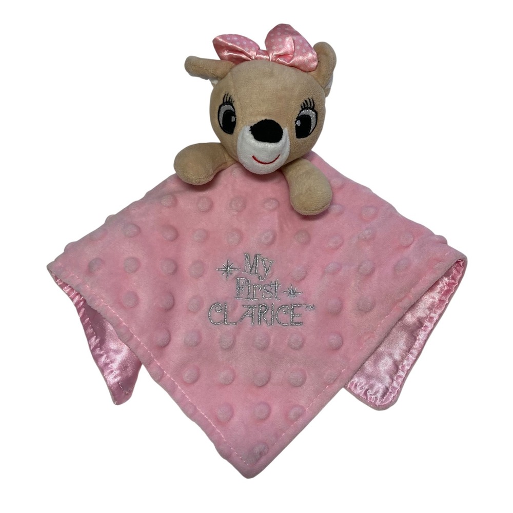 My First Clarice Lovey 12" Security Blanket Rattle Pink Minky Rudolph Reindeer